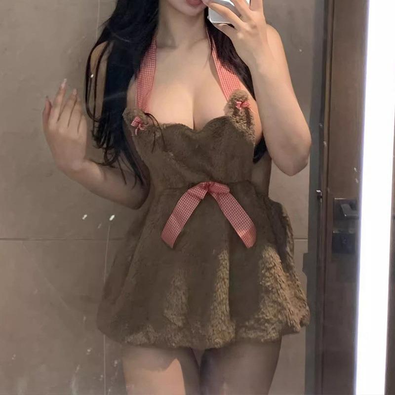 Plush bear sexy backless neck sex underwear two-dimensional cute dress bow suspender set pure desire wind