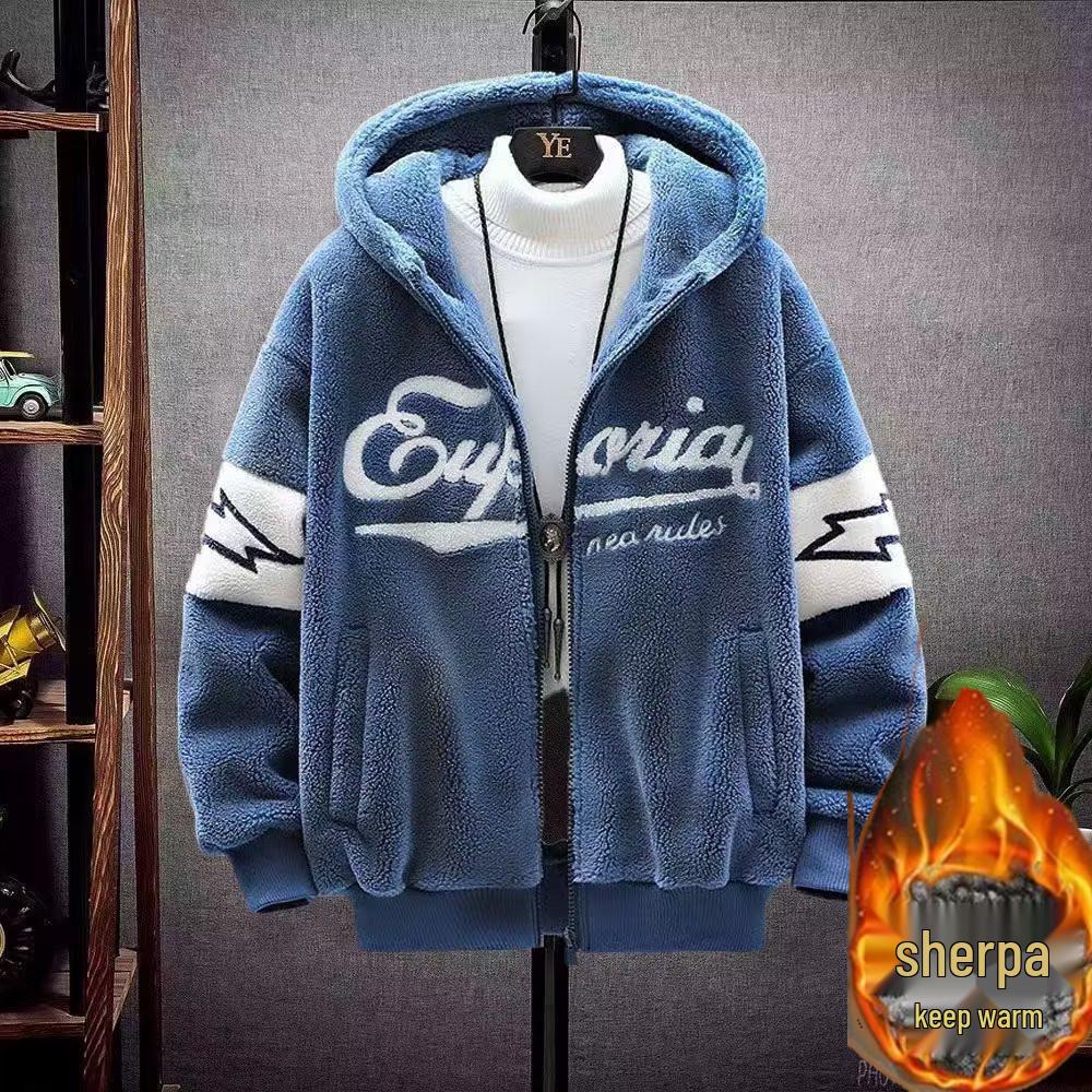 

Men s Fleece-Lined Lambswool Hooded Jacket – 2024 Autumn/Winter Embroidered Trendy Casual Coat L (Recommended for 120-140 jin)