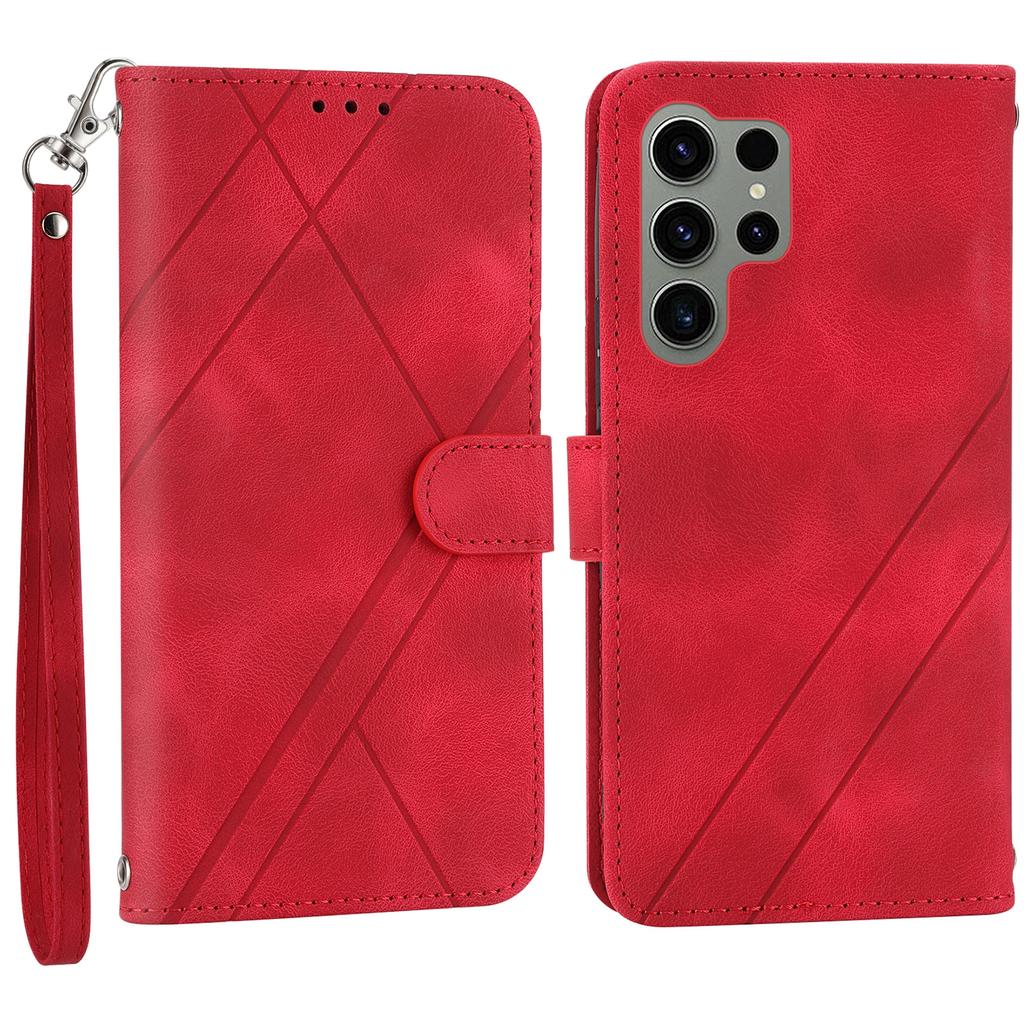 For Samsung Galaxy S25 Ultra Case Imprinted Line Leather Phone Cover with Handy Strap