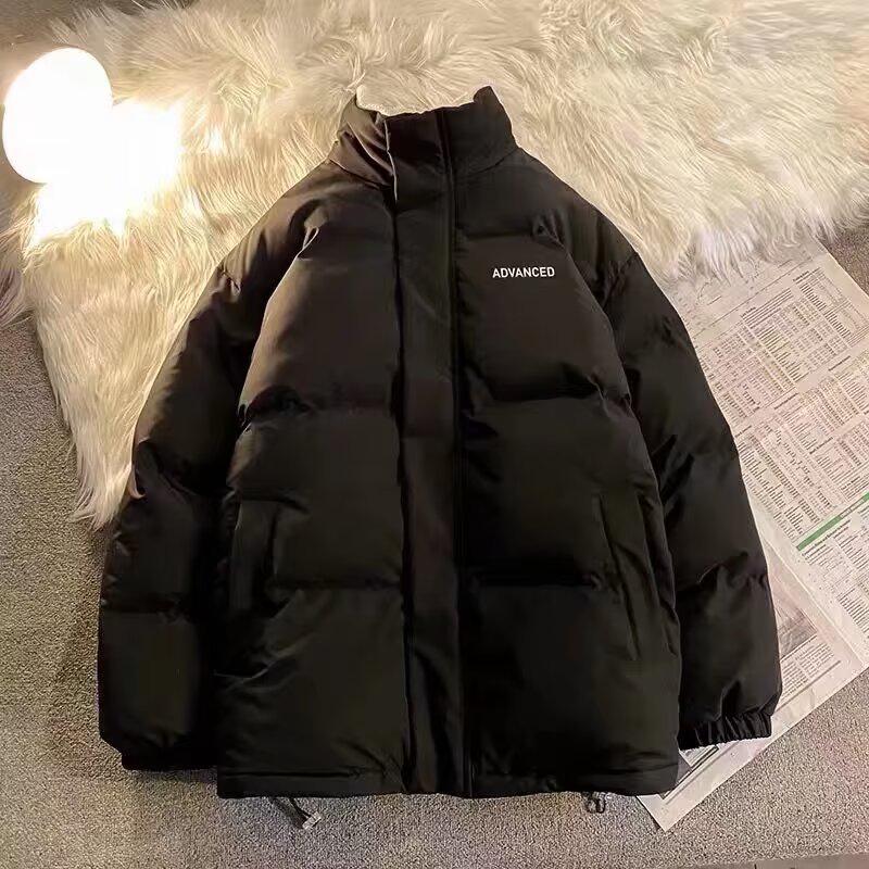 Men's Winter Stand Collar Thick Cotton Padded Jacket - Velvet Lining, Loose Fit Trendy Outerwear for Couples