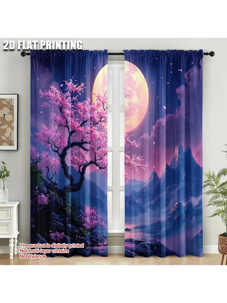 

2pc 2D plane printing Curtains&Window Treatment Serene Moonlit Cherry Blossom Scene Polyester Easy Install (without rod) 100*130 HOOK 1pcs