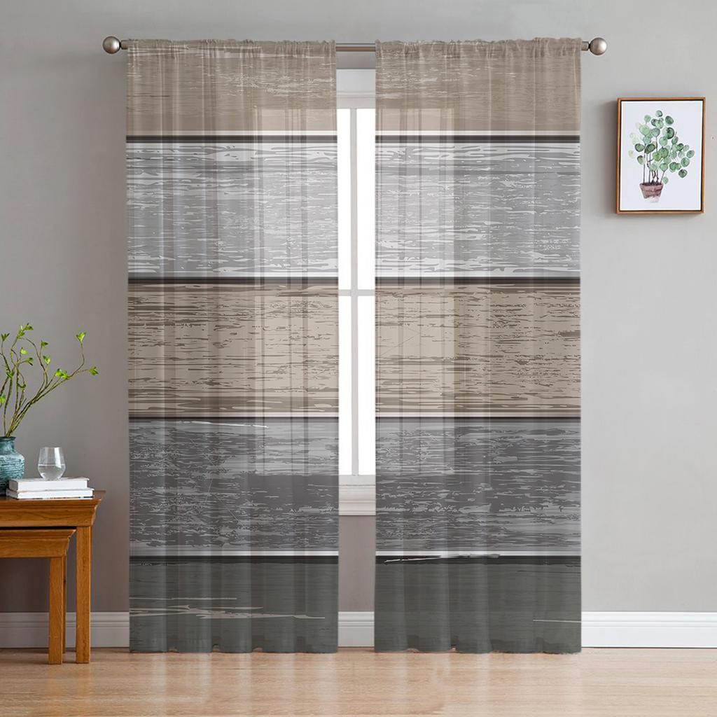 Retro Farm Barn Blue Gray Striped Gradient Sheer Curtains for Living Room Tulle for Windows Voile Yarn Short Bedroom Curtains