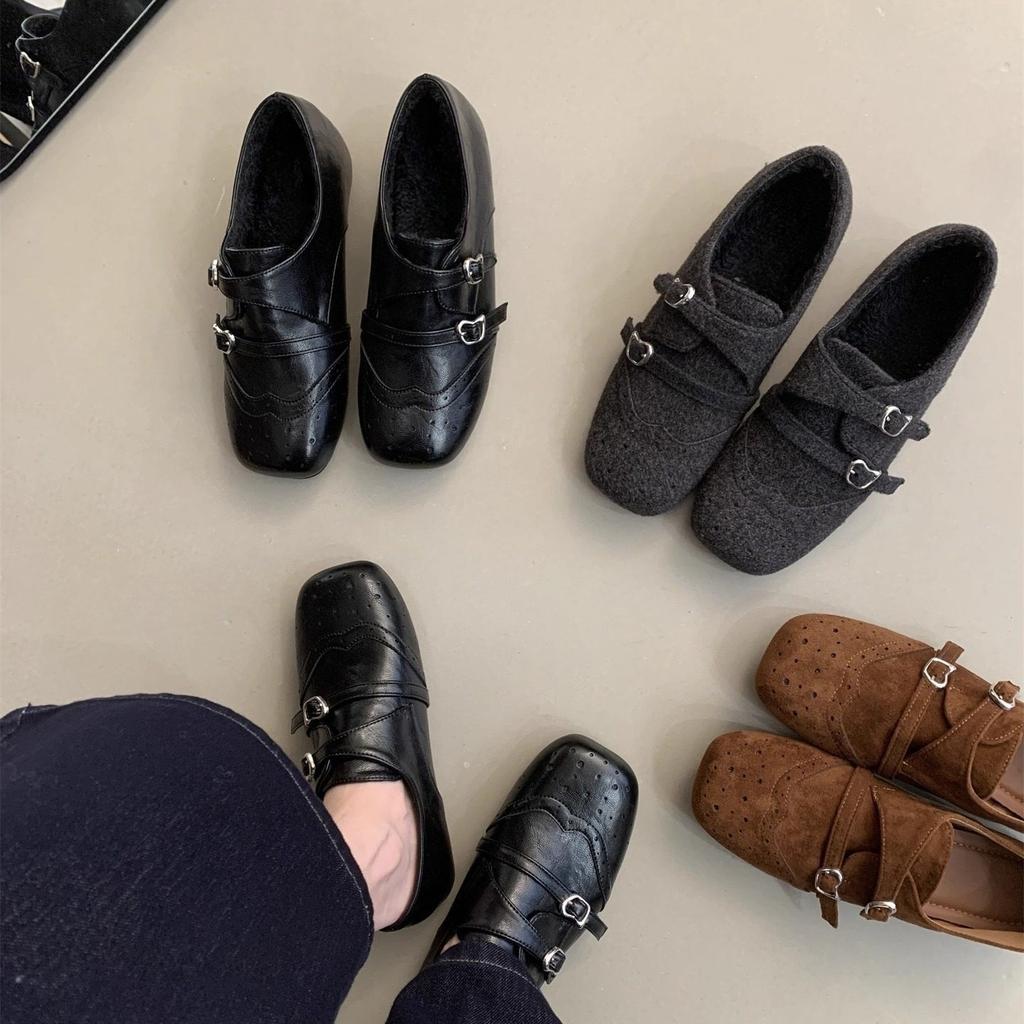 Inner Height Increase and Fleece Retro Square Head Single Shoes Platform Loafers Women's British Style Small Leather Shoes