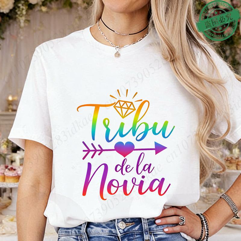 Spanish Girl Bachelorette Party T-Shirts, Rainbow Diamond Heart Arrow Graphic Tees for Bridal Shower, Team Bride Tribe Blouses