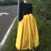 Women's Autumn Dopamine Outfit: French Lace Collar Shirt & Bright Yellow Midi Skirt Set