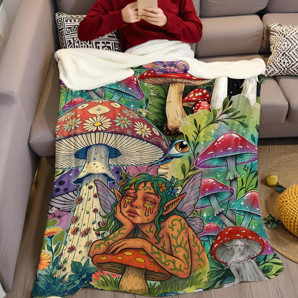 Fairy Mushroom Flannel Blanket Warm Soft Halloween Christmas Couch Warm Cozy Decorative Decor Gift For All Season