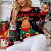 BITCED Fall/Winter Sweater 3D Reindeer with Fuzzy Pom-Poms Christmas Sweater with Sequins and Embroidery O-Neck Knit Top