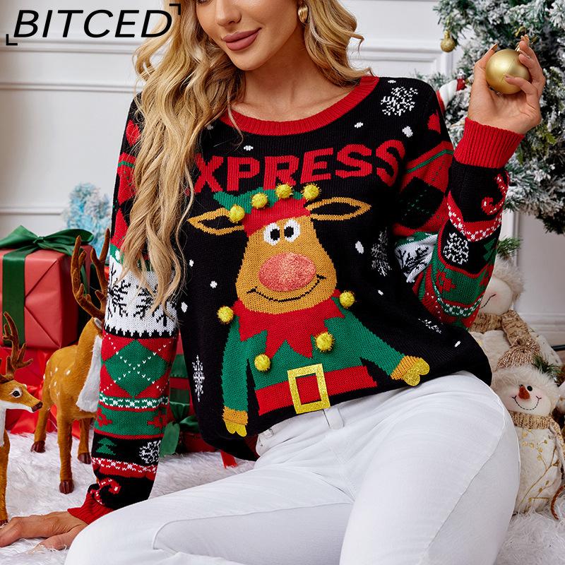BITCED Fall/Winter Sweater 3D Reindeer with Fuzzy Pom-Poms Christmas Sweater with Sequins and Embroidery O-Neck Knit Top