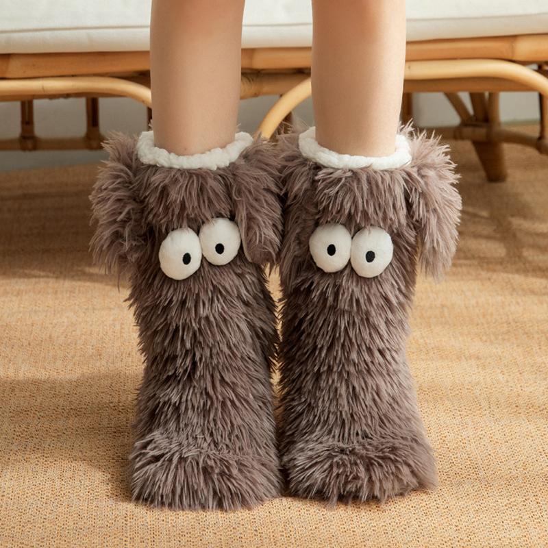 

1 Pair Indoor Slippers One Size Floor Socks Warm Mid-Calf Stockings Funny Anti-Slip Sole Design Fleece Lining Multi-Color