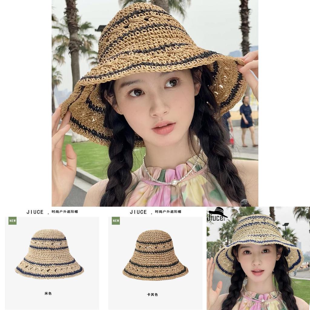 Soft Girl New Hollow Striped Hand-woven Straw Hat Women Korean Fresh Wide Brim Sun Hat