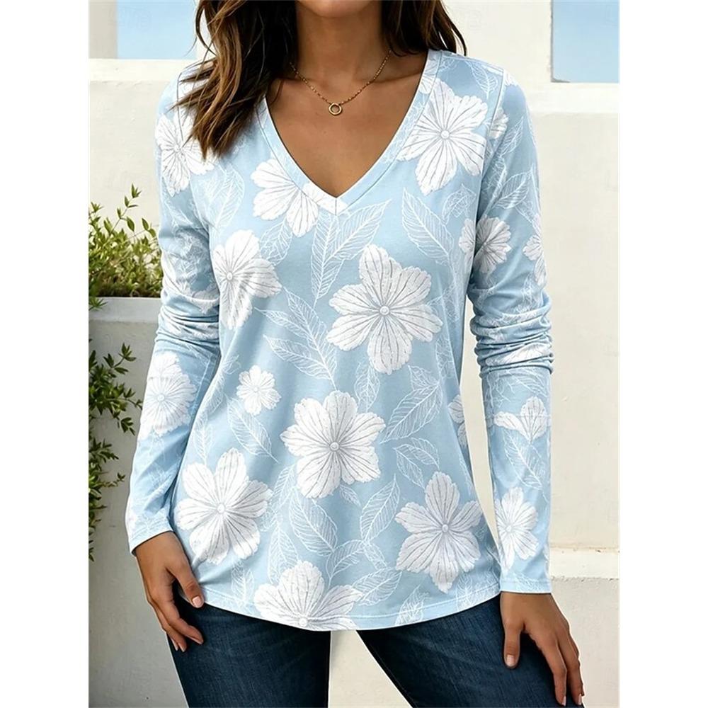 Elegant Women's Autumn Top V-Neck Vintage-Print Long-Sleeve T-Shirt Loose Comfortable and Stylish for Streetwear or Outdoor Wear