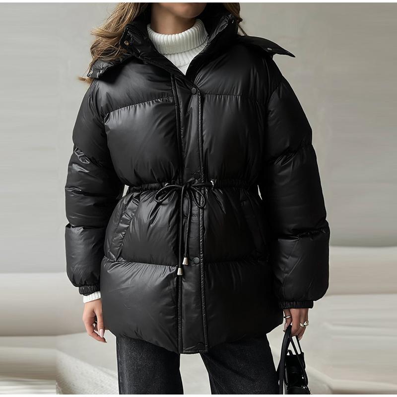 Solid Zipper Drawstring Puffer Jacket Quilted Water Resistant Loose Winter Warm Women Outerwear Daily Causal Coat