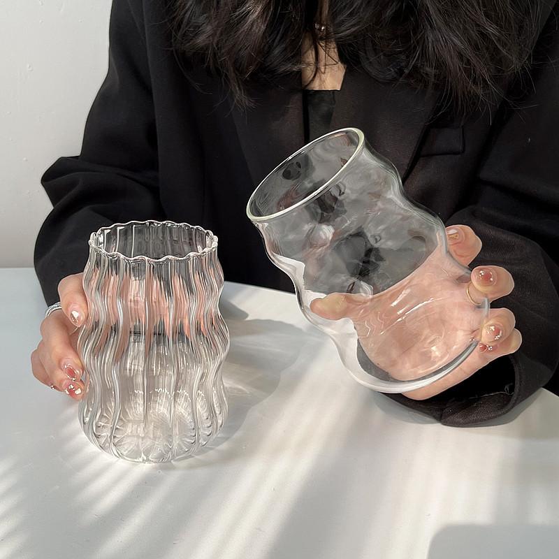 1Pcs Ins Coffee Glass Cup Heat-resistant Tumbler Drinkware Transparent Tea Juice Milk Coffee Mug Home Water Glasses Stripe Mug