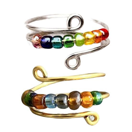 Yousheng Women Ring Rotatable Adjustable Opening Design Geometric Electroplating Anti Stress Gifts Colorful Rainbow Beads Anxiety Spinner Ring Jewelry