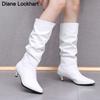 Fashion Sexy Women Pleated Half Boots Pointed Toe 5CM Stilettos Heels Slip on White Women's Mid-Calf Boots Womens Shoes 41 44 Dropshipp