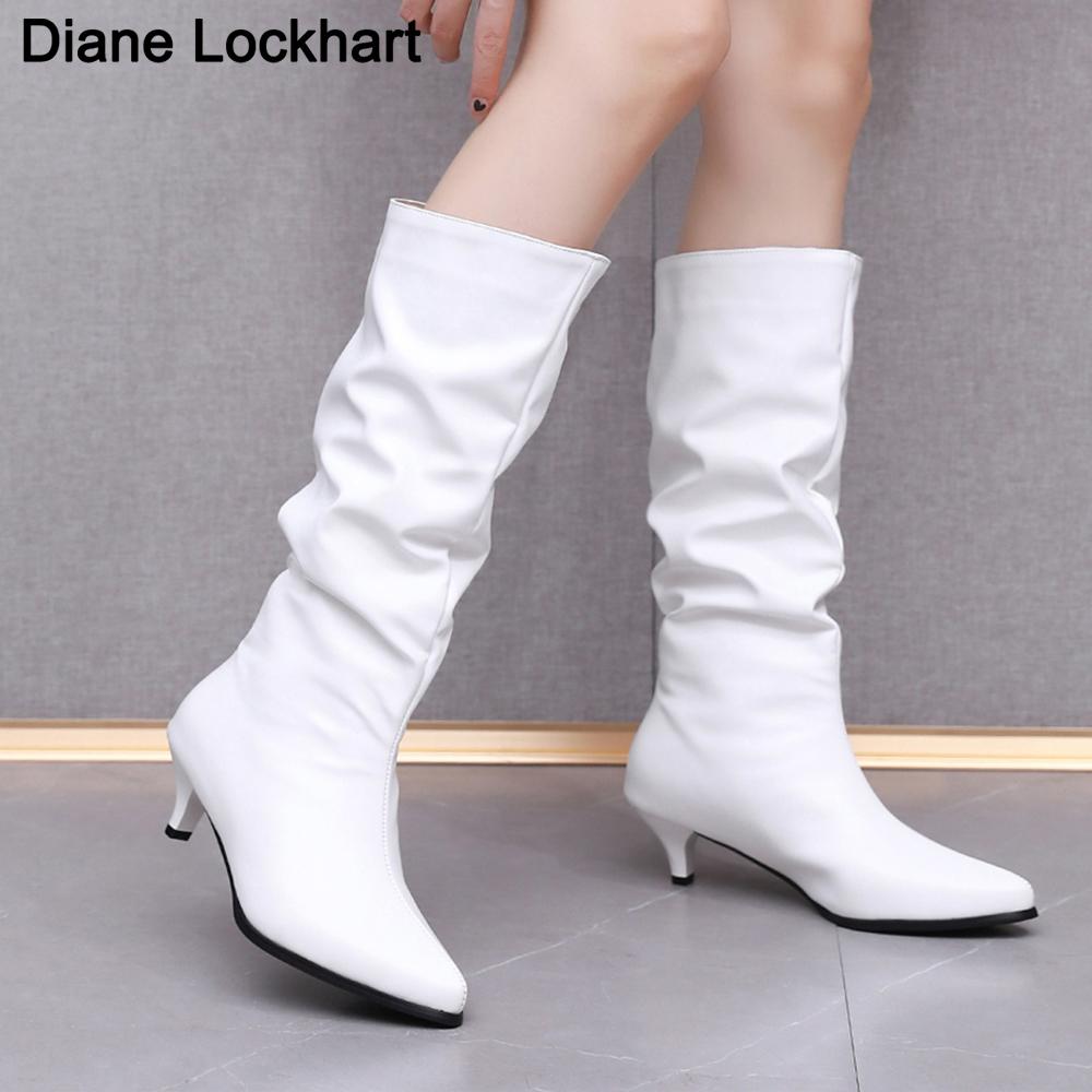 Fashion Sexy Women Pleated Half Boots Pointed Toe 5CM Stilettos Heels Slip on White Women's Mid-Calf Boots Womens Shoes 41 44 Dropshipp