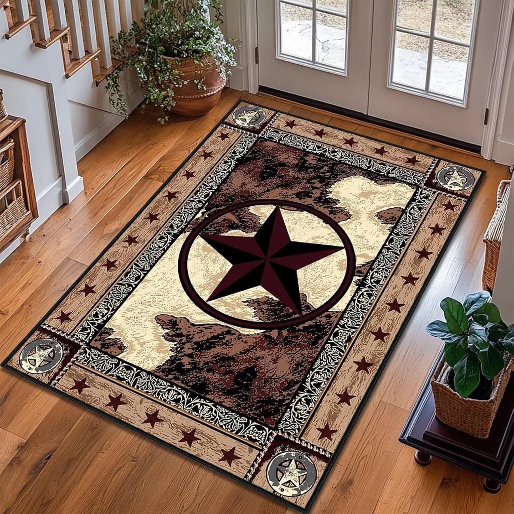 Western Texas Star Print Area Rug, Cowhide & Maroon Star Design Non-Slip Floor Mat for Entryway Living Room Home Decor Carpet