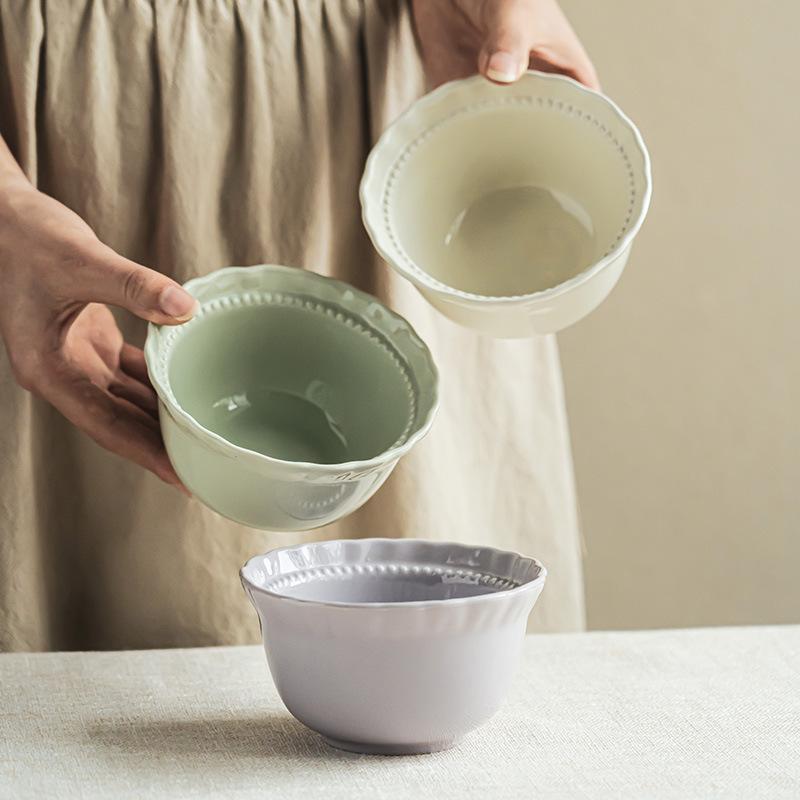 High-Value Solid-Color Ceramic Rice Bowl, Porridge Bowl, Household Tableware, Practical Lace-Shaped Breakfast, Yogurt Bowl, Fruit Bowl