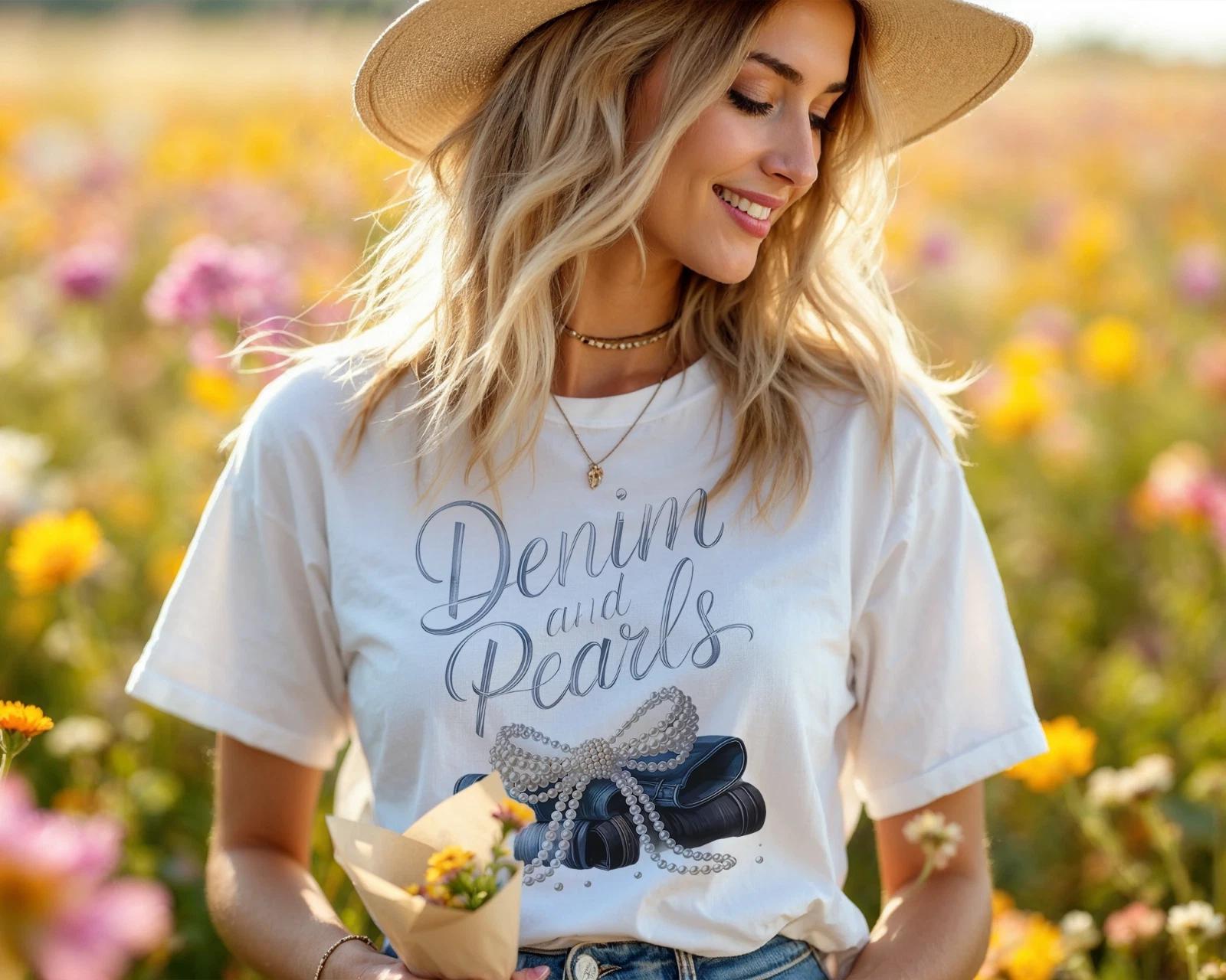 Denim and Pearls Graphic T-Shirt – Western Country Concert Tee for Women A286 XL