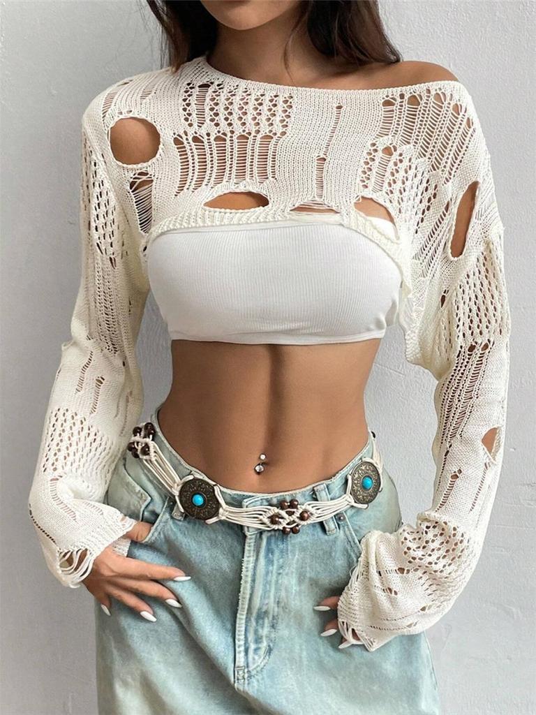 Spring Summer New Arrivals Floral Hollow Knitted Cardigan Short Sleeve Sweater with Hole Design