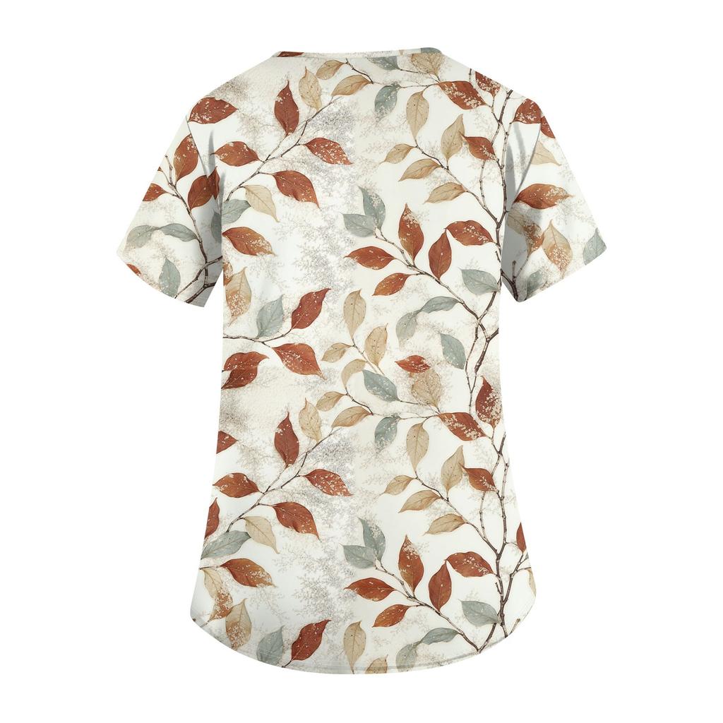 Niedlich bedruckte Arbeitskleidung für Damen, V-Ausschnitt, doppellagige Taschen, Basic-Kurzarm-Oberteil, Pullover