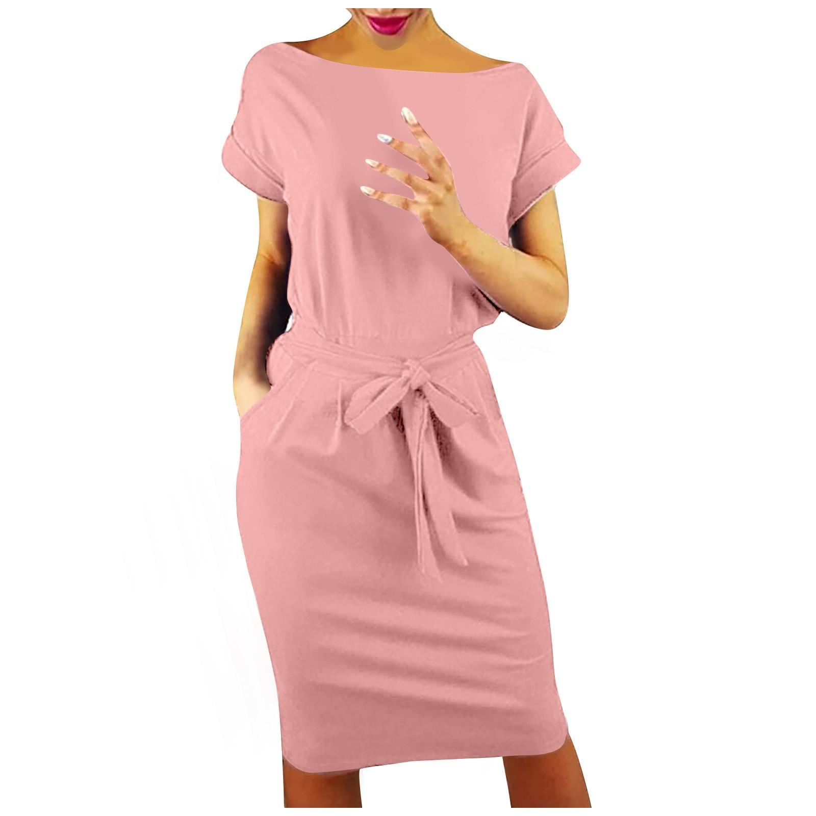 Женская Мода Крутой Цвет Повседневный Формальный Вечеринка Короткий Рукав Элегантное Платье XXXL розовый