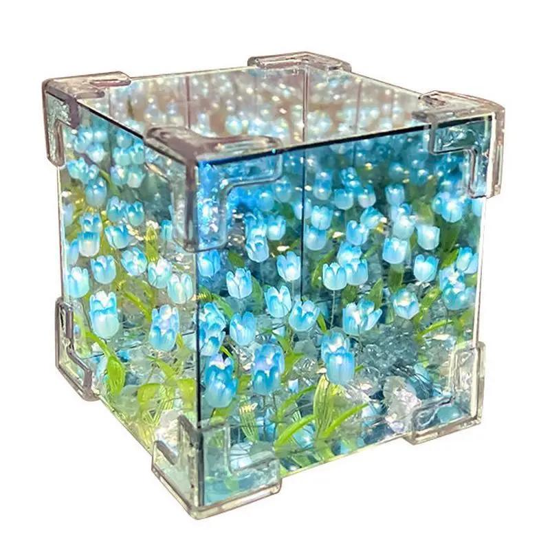 Lampada da notte creativa fai da te con cubo di mare e fiore di tulipano, piccola lampada da notte tridimensionale, materiale per coppia di fidanzate