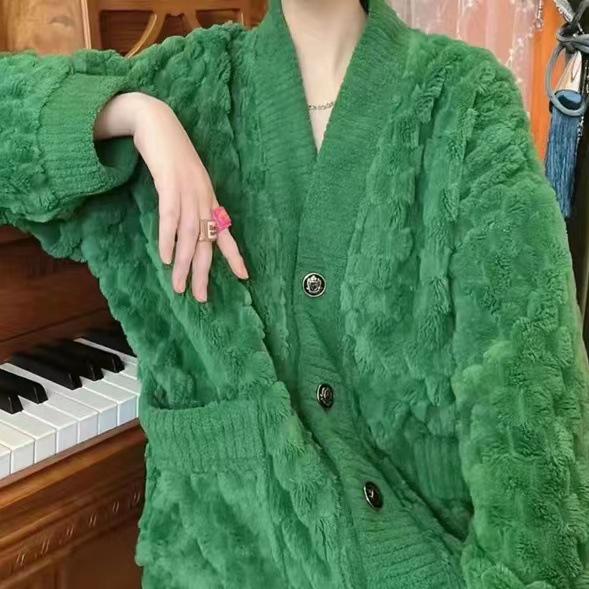 Women's Solid Color Jacquard Flannel Pajama Set - V-Neck Cardigan Fleece Homewear for Autumn and Winter