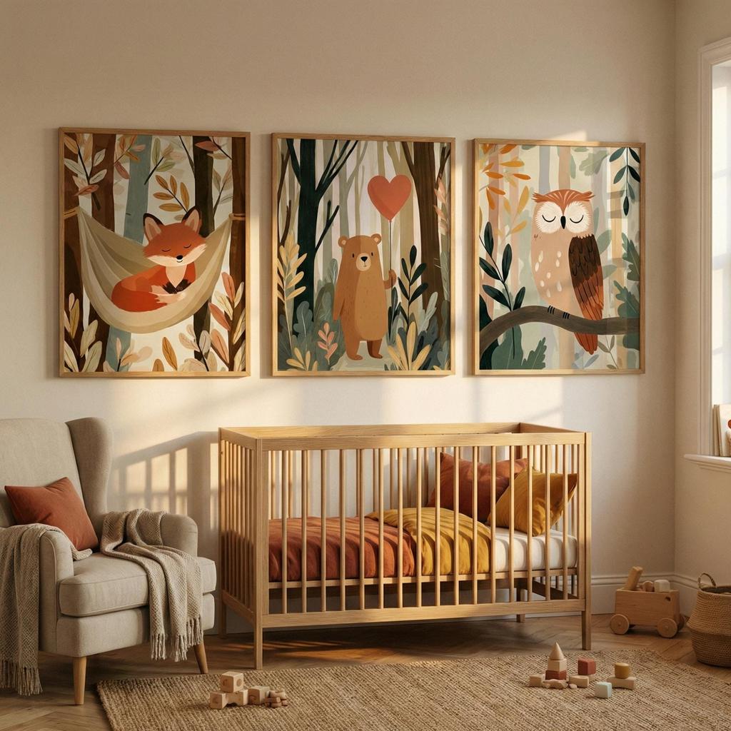 Woodland Animals Wall Art Set - Forest Friends in Warm Tones Nursery & Kids Room Decor Home Bedroom Living Room Decoration