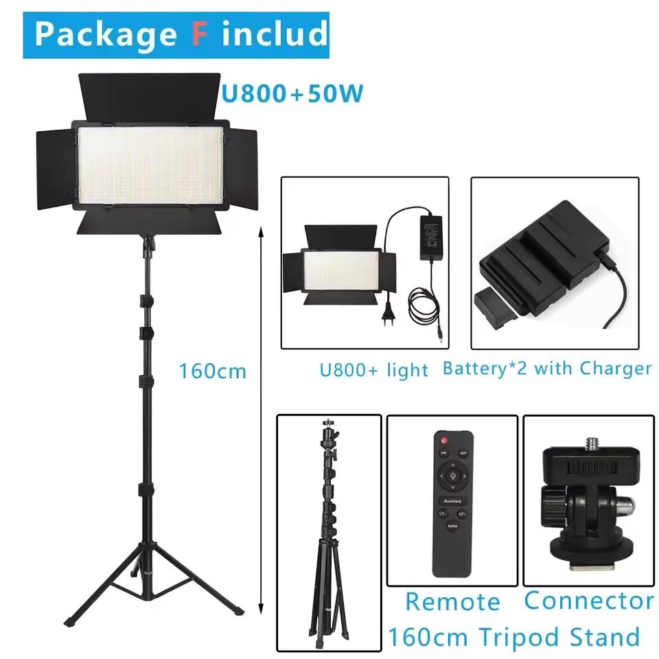 U600 U800+ LED Video Light Photo Studio Lamp Bi-Color 3200K-5600k Dimmable with Tripod Stand Remote for Video Recording Para