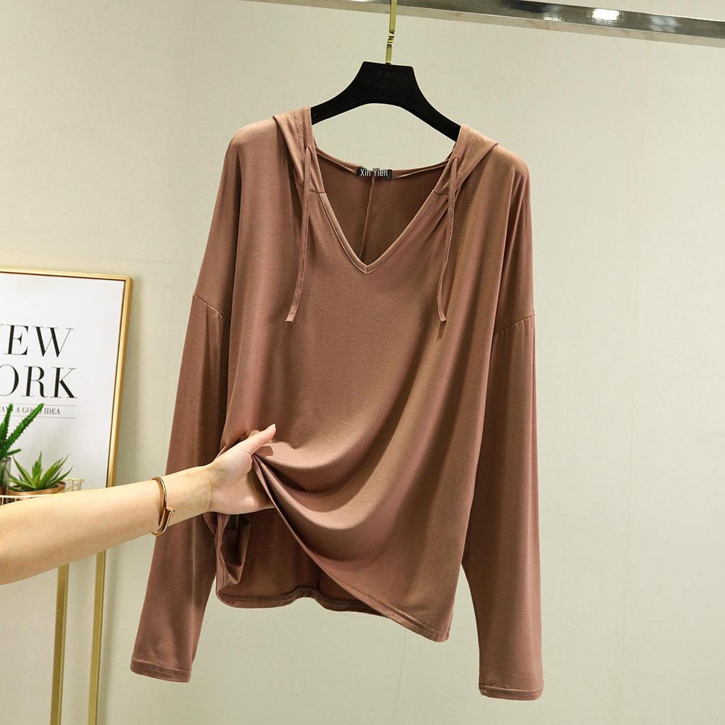 Plus Size Women's Long-Sleeve Modal T-Shirt - Hooded, Solid Color, Sun Protection, Lightweight for Spring/Summer