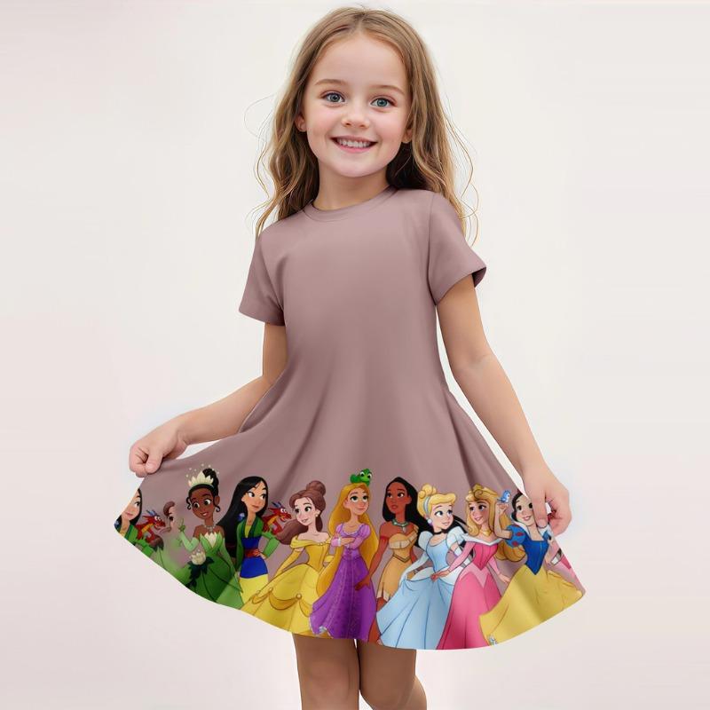Disney Summer Girls Cute Cartoon Stitch Printed Dress Fashion One-piece Dress Kids Daily Casual Short Sleeve Clothing Outfit