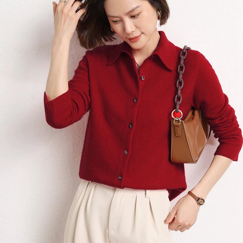 Spring and Autumn Polo Collar Knitted Shirt Paired with Loose Long Sleeved Sweater, Non Cashmere Cardigan, and Stylish Turtleneck Jacket