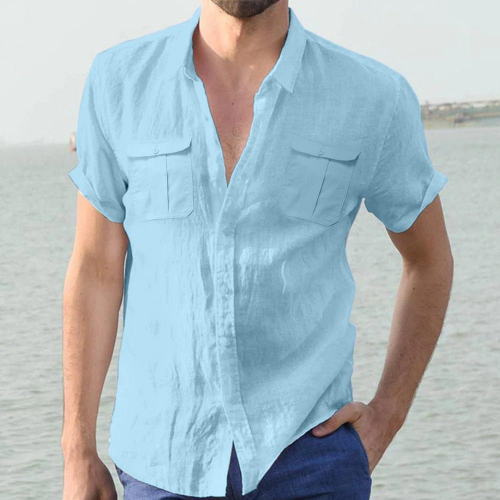 Men's Cotton Linen Shirts for Men Short Sleeve Beach Summer Casual Loose Shirt Turn Down Collar Streetwear Men