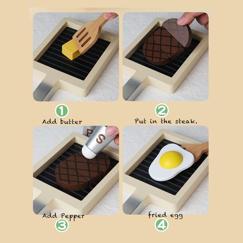 Children's Simulation Fried Steak Toys, Wooden Simulation Kitchen, Steak, Role-playing, Early Education Educational Toys