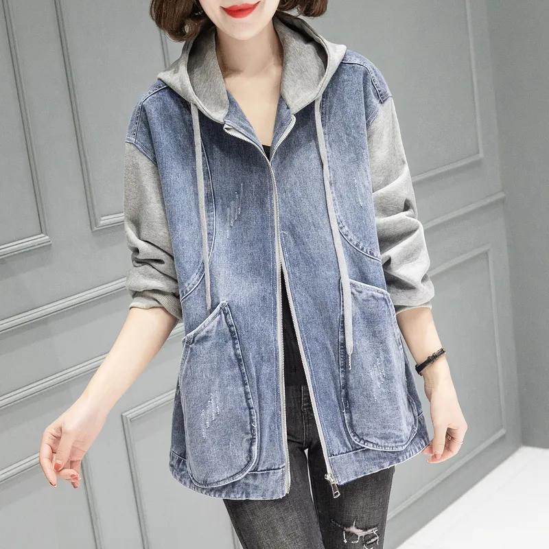 Women's Spring Autumn Loose Fit Hooded Denim Jacket - Casual Long Sleeve Baseball Shirt Style Coat