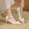 2025 new French flower wedding shoes bride shoes wedding dress wedding dress satin high heels women's thick heel bridesmaid shoes