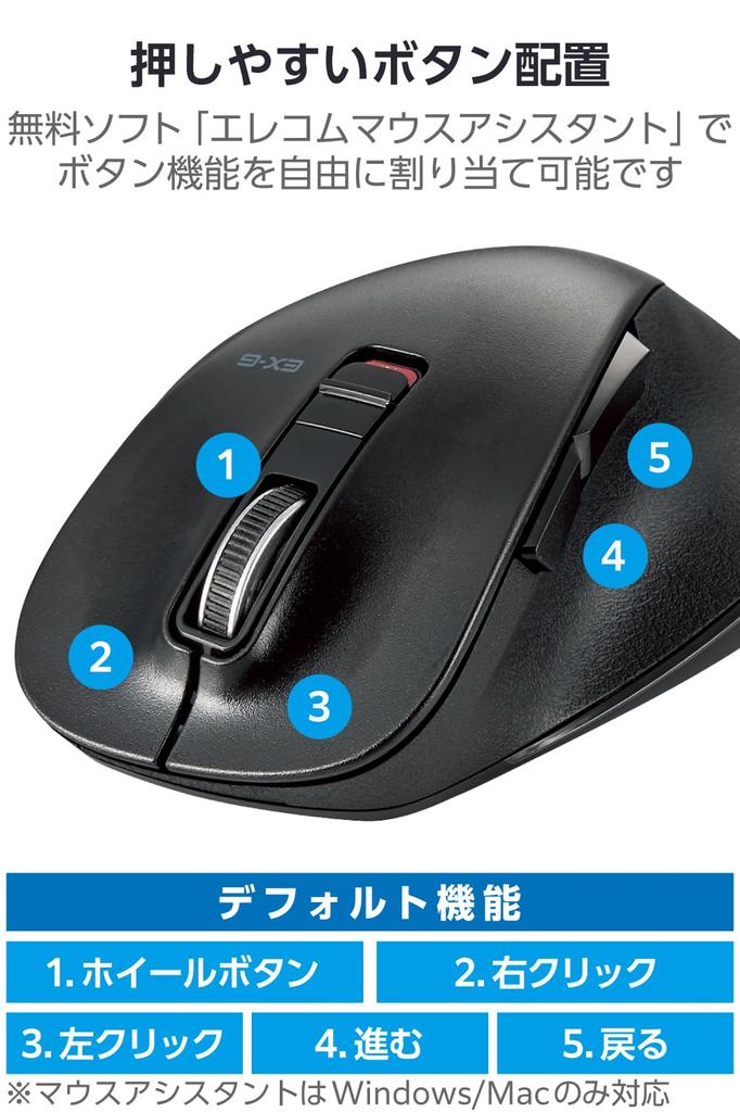 ELECOM Wireless Mouse Bluetooth EX-G, Comfortable Grip, Quiet Design, 5 Buttons, Large, Black, M-XGL15BBSBK