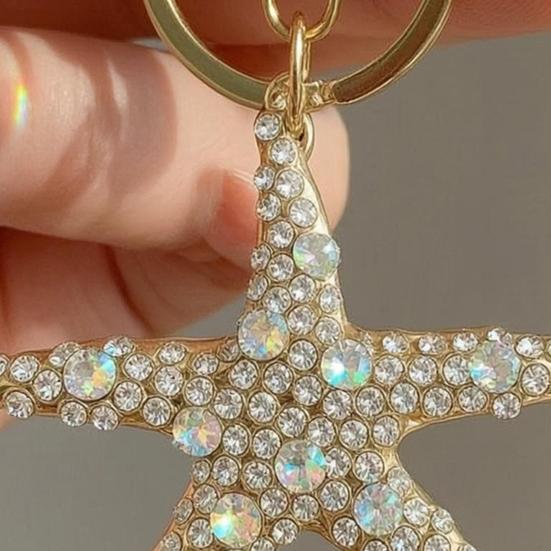 Keychain Pendant Rhinestones Inlaid Starfish Design Key Chain with Lobster Clasp Bag Charm Backpack Accessory