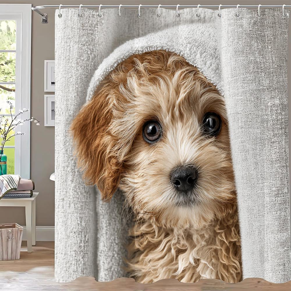 Moderne Schattige Puppy Douchegordijn Badkamergordijn Schattige Hond Geprint Badkamergordijnen Voor Huisdecoratie Gordijn Met Haken W60H190(CM)-1 Pcs