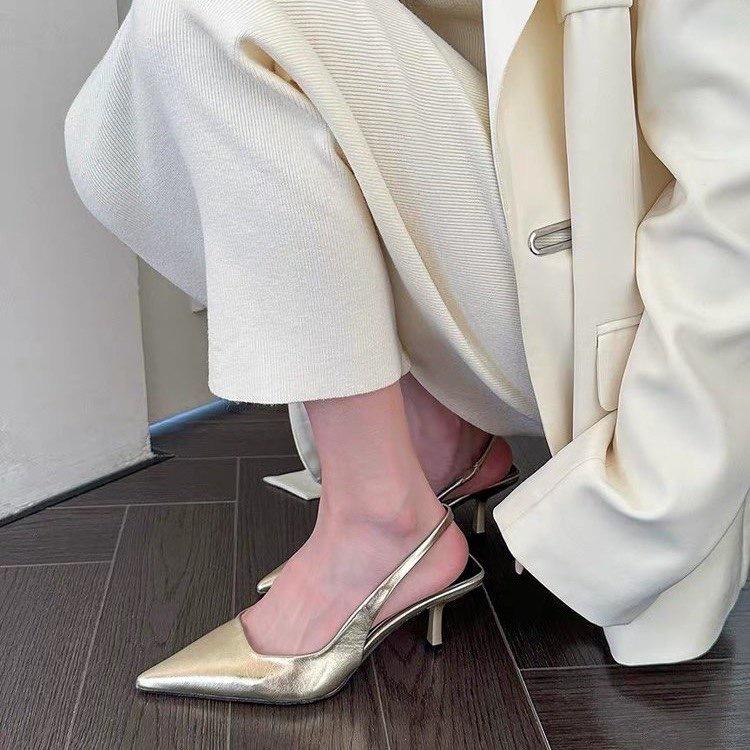

Niche high-heeled silver bag head empty sandals fairy shoes 2025 autumn new temperament French pointed single shoes 40