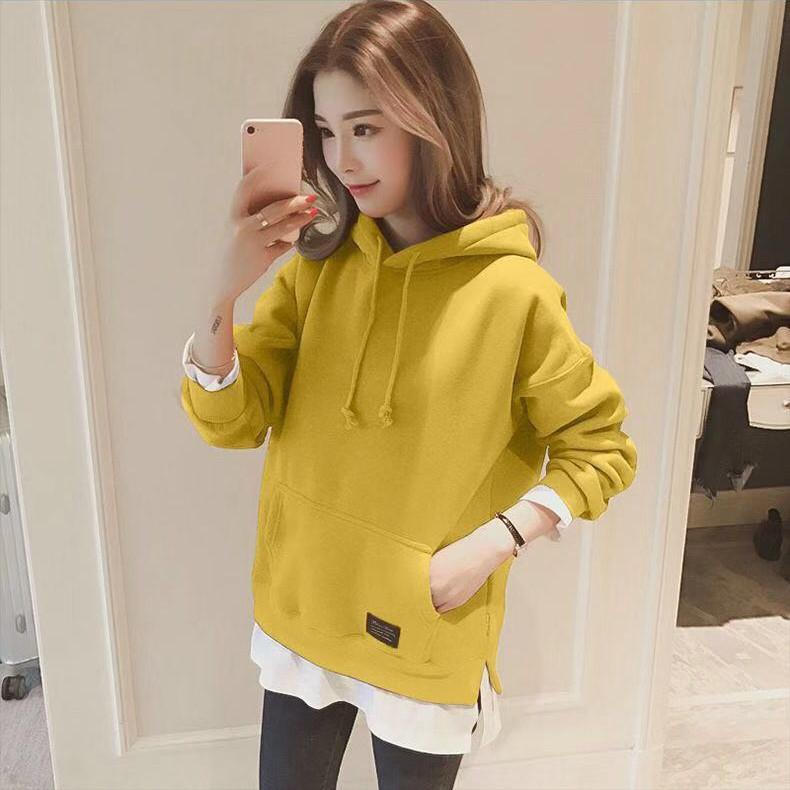 Women Warm Soft Hoodies Fake Two-piece Jacket Fall and Winter Thickened Hooded Simple Literary Long-sleeved Women's Clothing