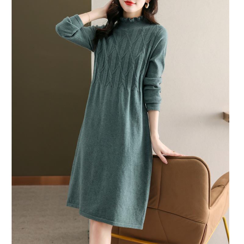 Wood ear edge semi-turtleneck knitted dress women's autumn and winter temperament elegant and thin inside with medium and long bottom sweater skirt