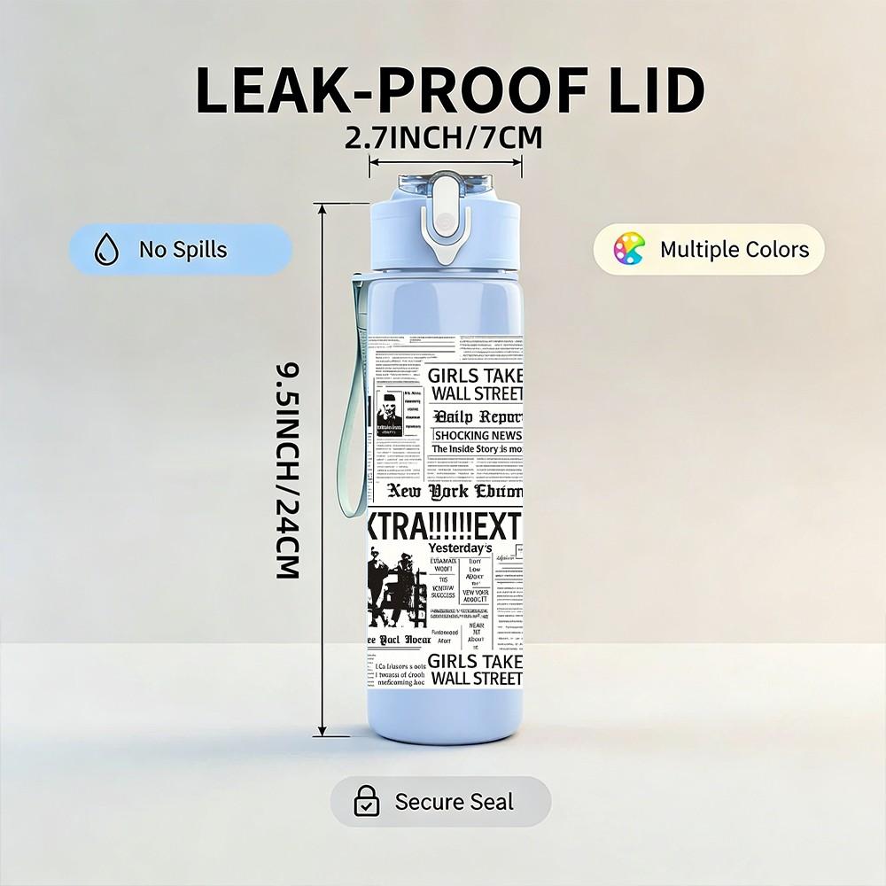1PC Vintage Newspaper Text Collage Print 750ml Color Plastic Sports Water Bottle Leakproof Flip Straw Lid Suitable for Sports Office Home Use