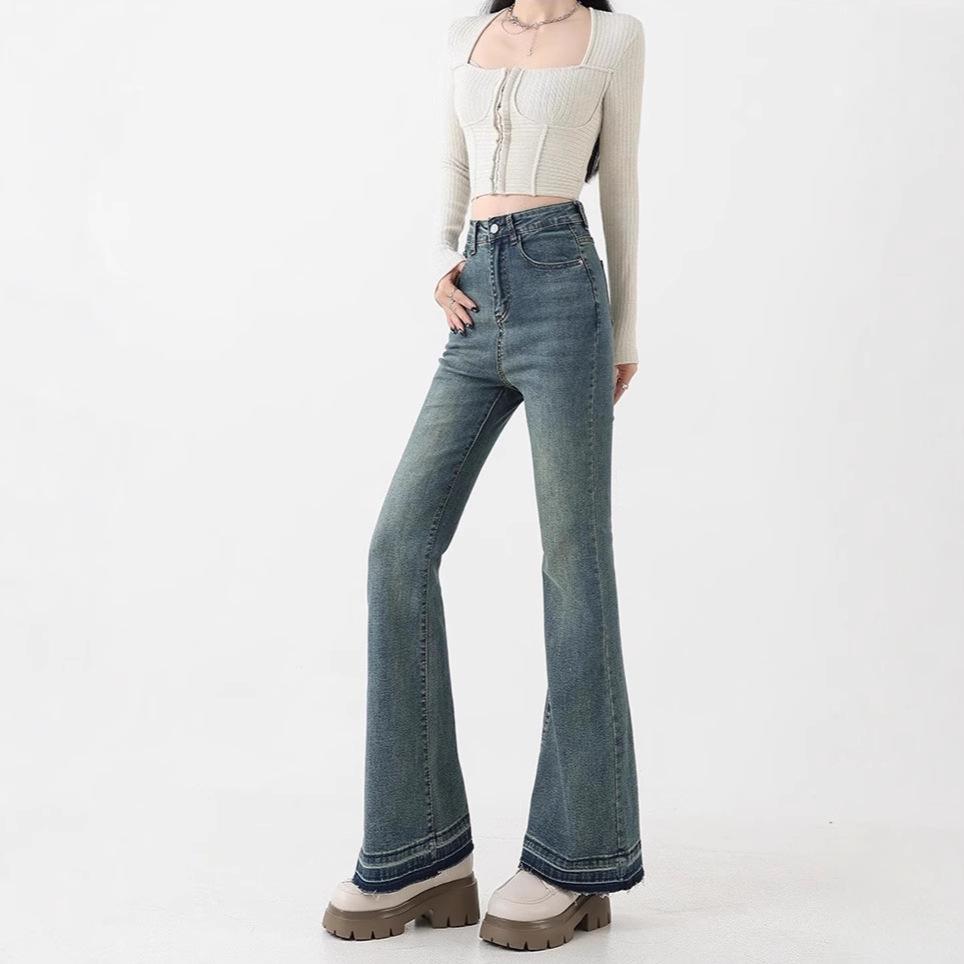 Women's Retro Blue High-Waist Micro-Flare Jeans - Slimming, Stretch, Plus Size, Pear-Shaped Fit, Long Pants for Spring