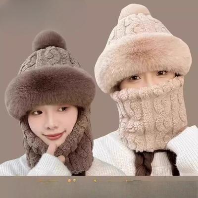 Thickened One Piece Hat for Women Winter Fur Ball Twist Neck Scarf Hat  One Piece Cycling Warm and Windproof High Quality Plush Hat