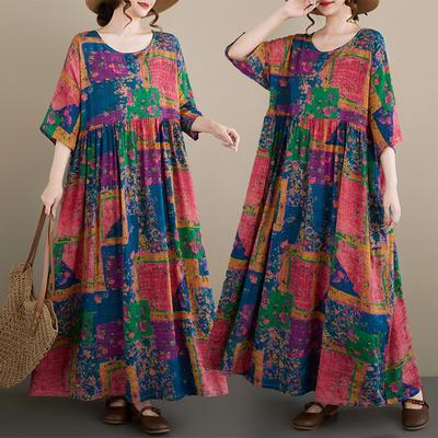 DIMANAF Neues Sommer-Strandkleid 2026 Damen Übergröße Elegante Dame Langes Kleid Locker Übergröße Maxi Blumenprint Baumwolle