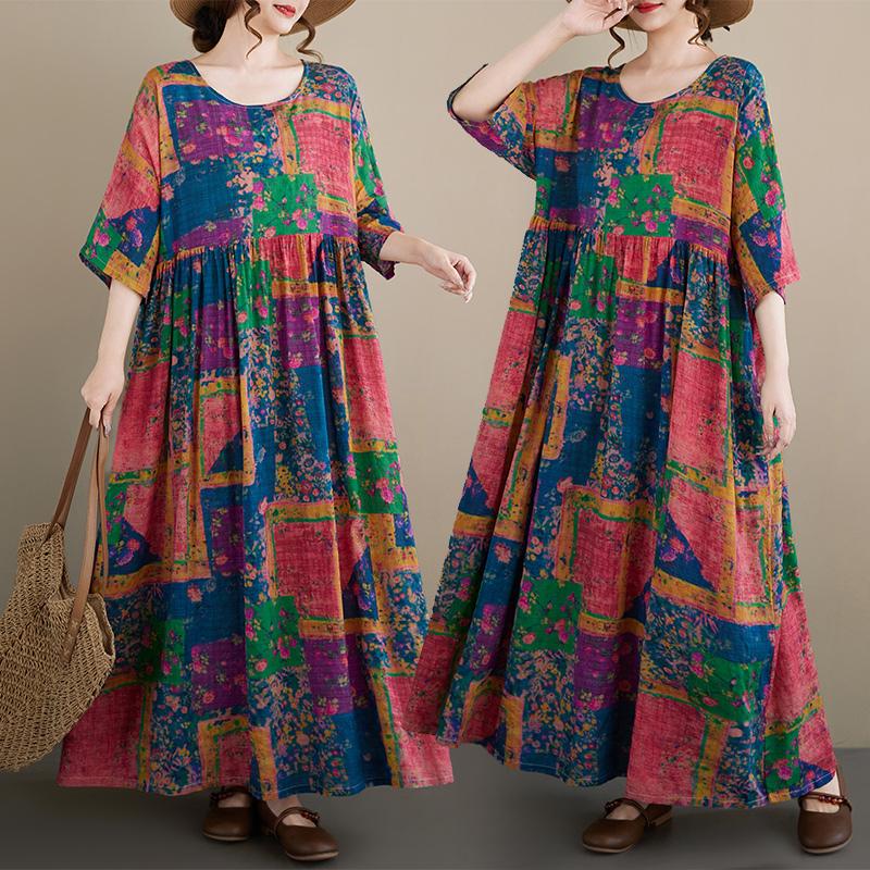 

DIMANAF New 2026 Summer Beach Dresses Women Plus Size Elegant Lady Long Dress Loose Oversize Maxi Floral Print Cotton one size