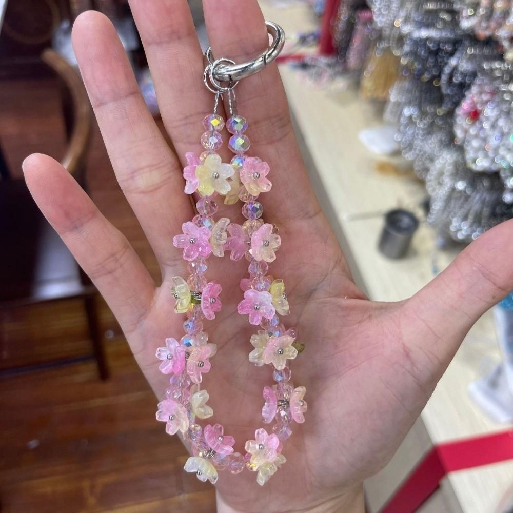Flower Beaded Mobile Phone Lanyard Crystal Gradient Phone Wrist Lanyard  DIY Hanging Pendant