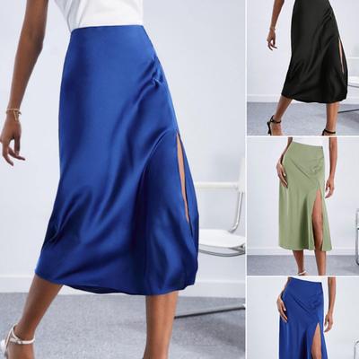 Fashion Elegant High Waist Satin Long Skirts Women Slit Sexy Solid Casual Loose Woman Skirt Summer New Vintage Simple Slim Satin Ladies Skirt 26564